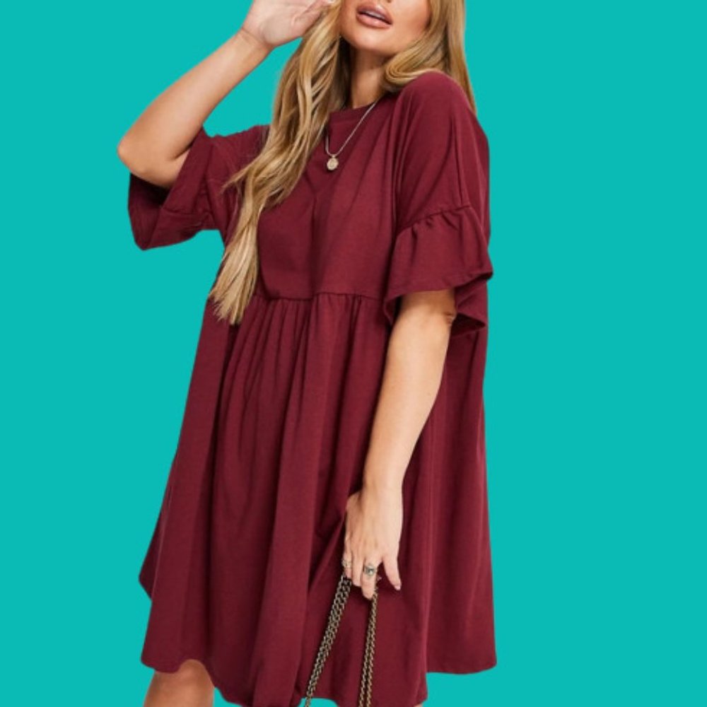 ASOS Frill Sleeve Smock Dress in Burgundy Size US 8 UK 12 NWOT